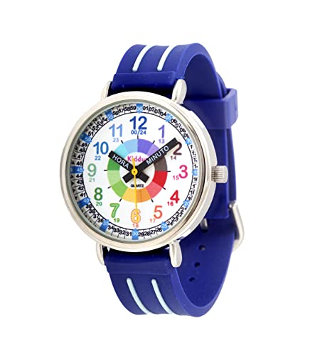 KIDDUS Reloj Educativo para niño, Chica, Chico. De Pulsera, analógico. Time Teacher fácil de Leer para Aprender la Hora. Ejercicios incluídos. Mecanismo de Cuarzo japonés. Manillas en Español