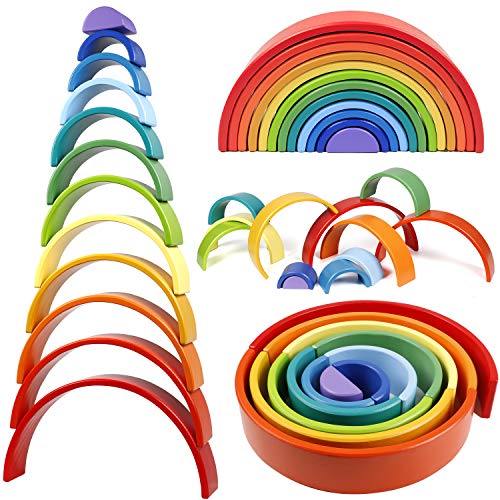 Lewo 12 Piezas Apilador Arcoíris de Madera Gigante Puzzle de Anidación Juego de Apilamiento Juguetes Montessori Bloques de Construcción de Arco Juguete Educativo para Niños Pequeños Bebés Niños Niñas