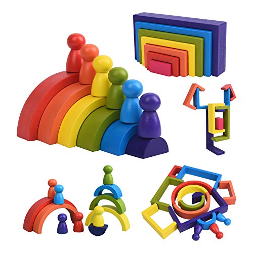 XIAPIA Juguetes Montessori Madera Apilado Arcoiris Bebes 1 Año Bloques Construcción Educativos Juegos Aprendizaje 19 Piezas para Niño Niña Infantil