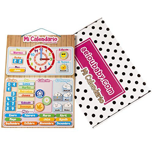 Calendario Reloj Magnético Infantil, Juego Educativo Fecha Tiempo y Hora para Pared o Frigorífico, 43x32cm. Caja Cumpleaños de niños en Colegio o Guarderí (Español)