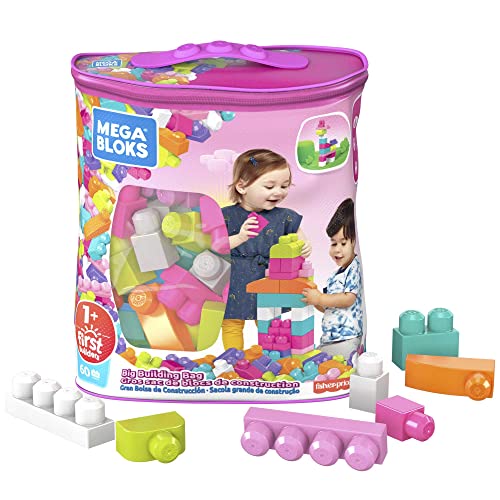 Mega Bloks Juego de construcción de 60 piezas, bolsa ecológica rosa, juguetes bebés 1 año (Mattel DCH54)