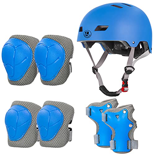 LANOVAGEAR Casco Infantil Set de Protección Casco Protección Patinaje 2-8 años Ajustable Rodilleras Coderas y Muñequeras para Patinaje Ciclismo Monopatín Skateboard (Azul, S)
