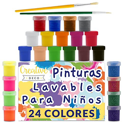 Creative DECO Temperas para Niños Lavable Pintura Dedos Bebes | 24 x 20 ml Botes | No Tóxica | Colores Básicos Fluorescentes Brillantes Metálicos y Neón Principiantes y Artistas
